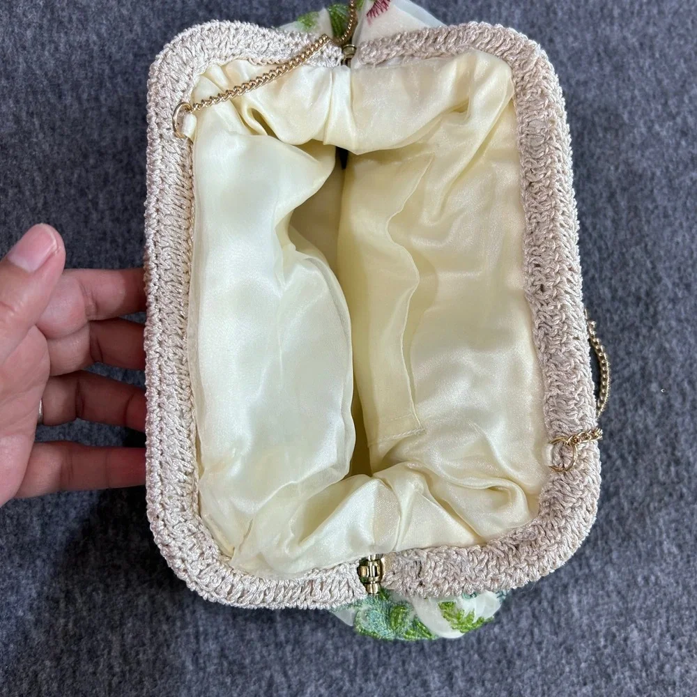 Floral Beaded Embroidered Evening Clutch Bag Cream Gold Chain Handcrafted